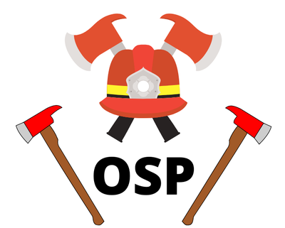 Logo przedstawiające OSP w otoczce dwóch toporków i hełmu strażackiego