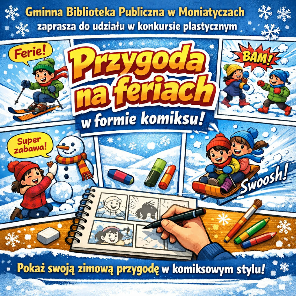Na grafice widoczne są rysunkowe postacie dzieci bawiących się w zimowej scenerii, cały obraz jest przedstawiony jako komiks. Napis: Gminna Biblioteka Publiczna w  Moniatyczach zaprasza do udziału w konkursie plastycznym " Przygoda na feriach w formie komiksu".
