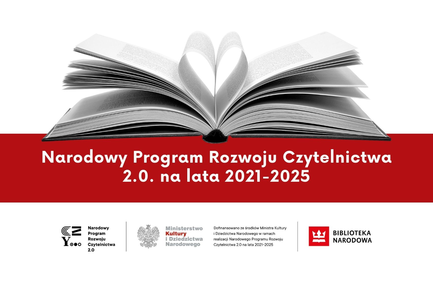 Otwarta książka i napis: Narodowy Program Rozwoju Czytelnictwa 2.0. na lata 2021-2025