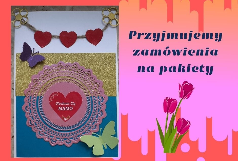 Zdjęcie proponowanej laurk, na różowym tle czerwone tulipany i napis: przyjmujemy zamówienia na pakiety.