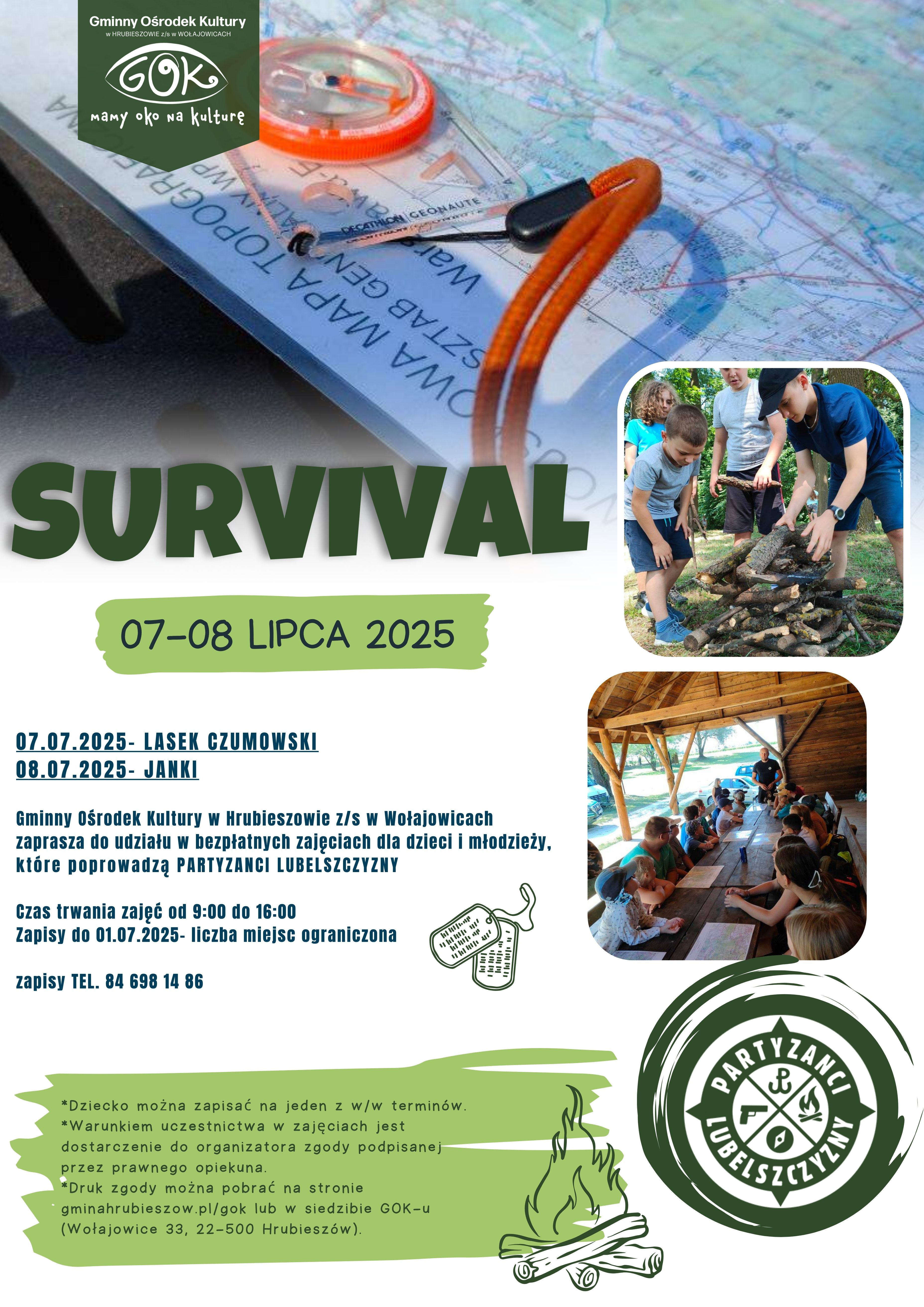 Grafika przedstawia plakat zachęcający dzieci i młodzież do udziału w zajęciach survivalu