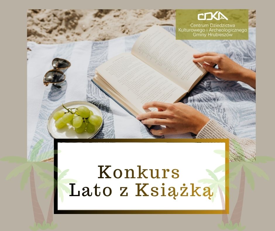 Na beżowym tle widoczna jest rozłożona książka i napis konkurs lato z książką.