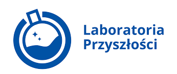 Logo programu Laboratoria Przyszłości: niebieska kolba laboratoryjna wypełniona płynem oraz napis Laboratoria Przyszłości