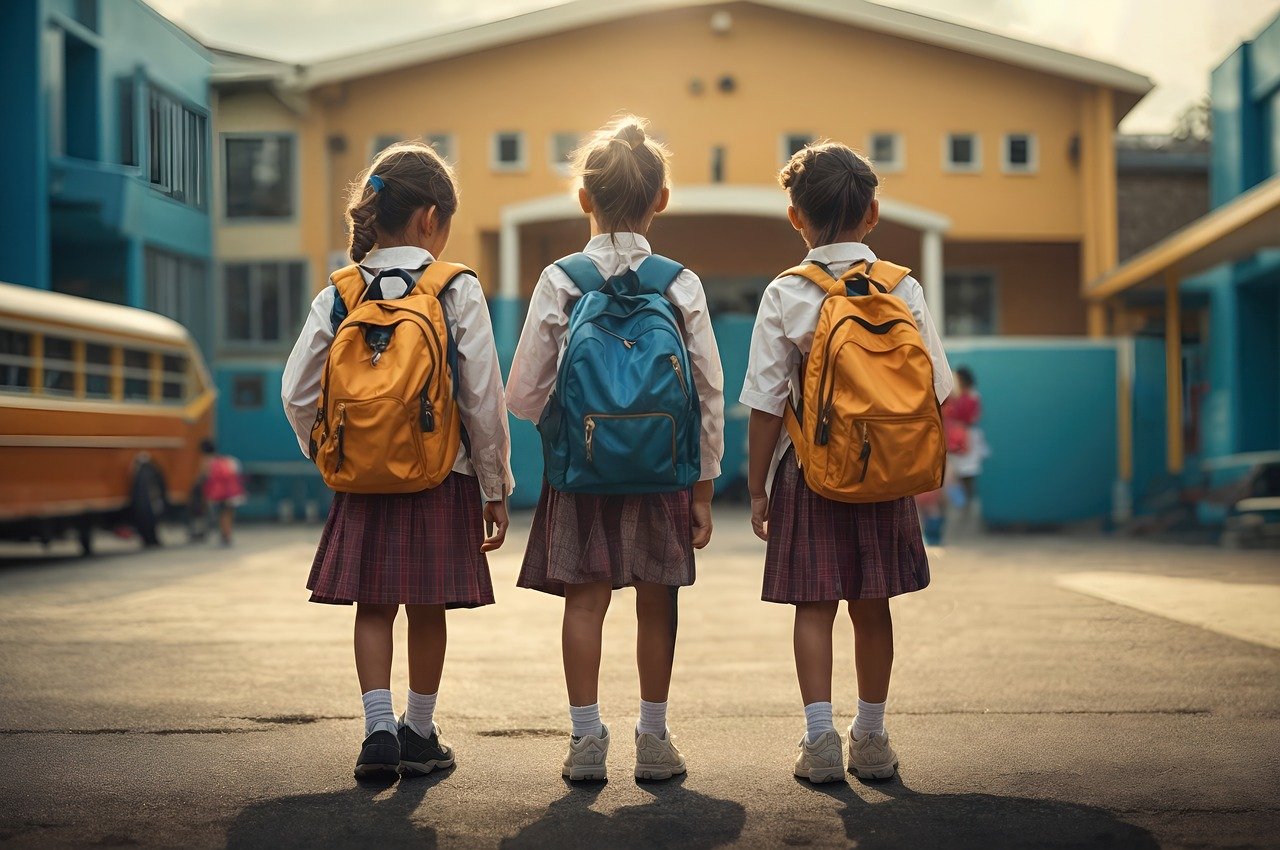 Dwie dziewczynki i chłopiec z plecakami przed budynkiem szkoły