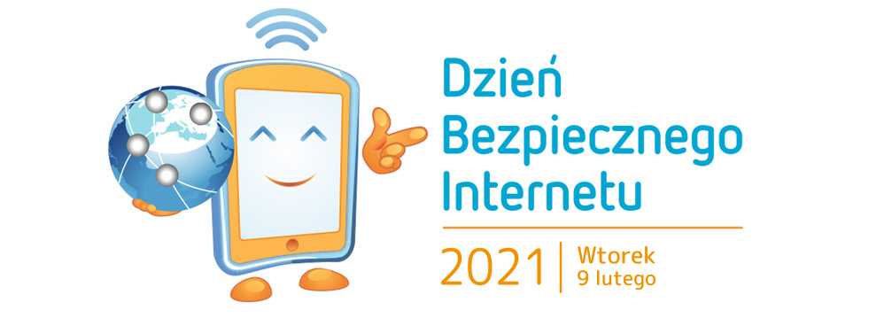 Tablet wyświetlający uśmiech trzyma globus opasany siecią internetową, po prawej tekst " Dzień bezpiecznego Internetu 2021, wtorek 9 lutego"