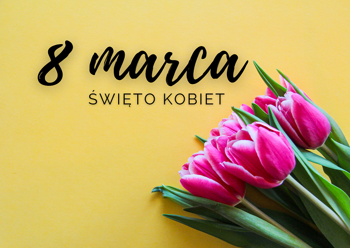 Tulipany na żółtym tle, napis: 8 marca Święto Kobiet