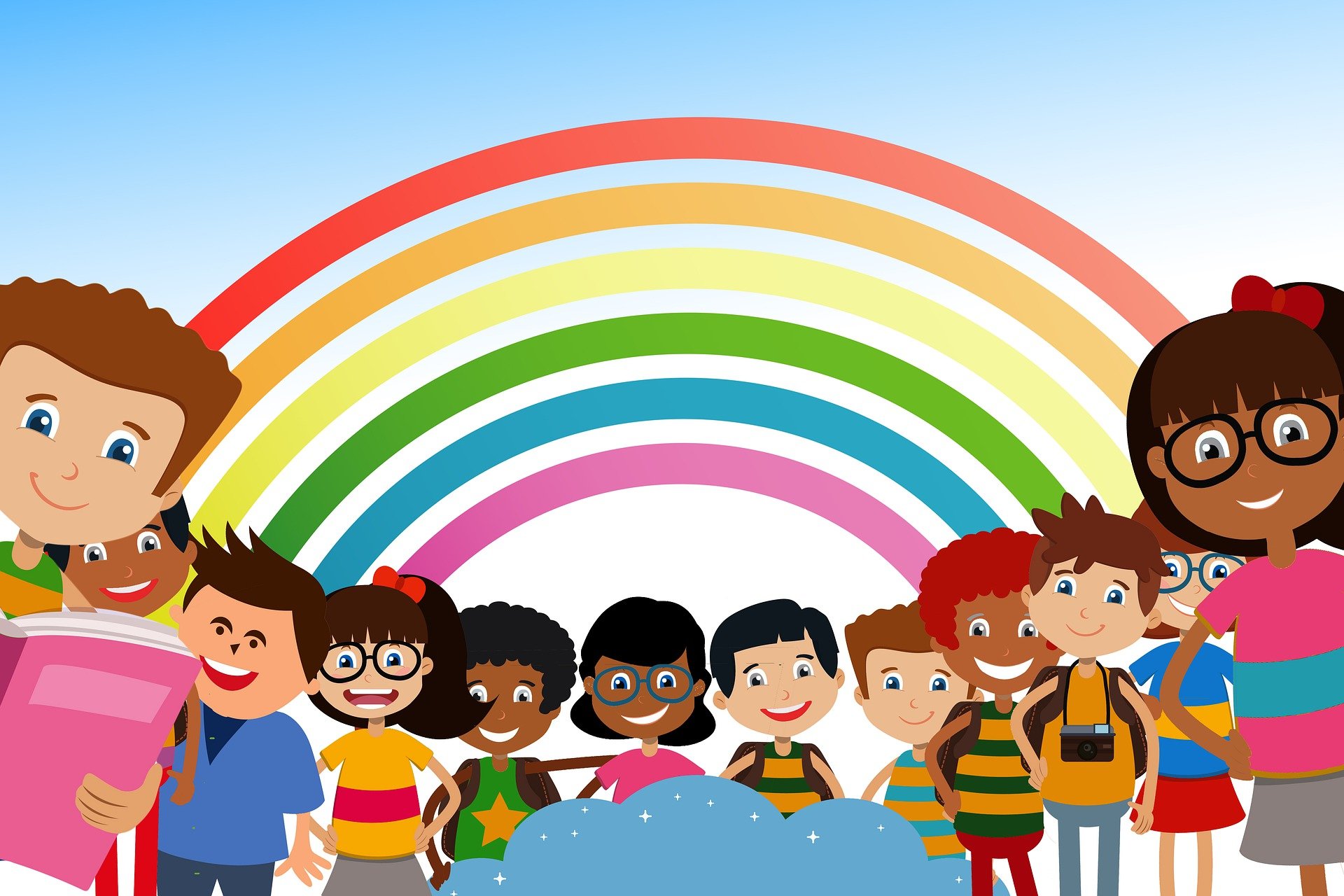 Grafika ilustrująca dzieci, w tle kolorowa tęcza