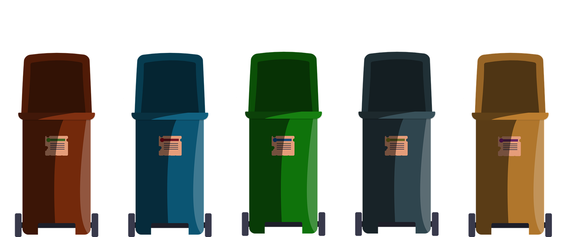 Pięć pojemników na odpady w kolorze brązowym, niebieskim, zielonym, siwym oraz żółtym
