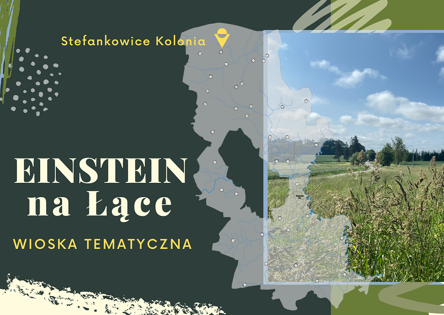 Na zielonym tle napis Eistein na Łące, wioska tematyczna, mapa gminy Hrubieszów ze wskazaną miejscowością Stefankowice kolonia, zdjęcie łąki