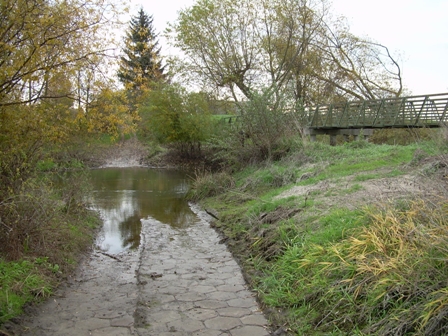 droga prowadząca wprost do rzeki, obok most, dzrewa i krzewy