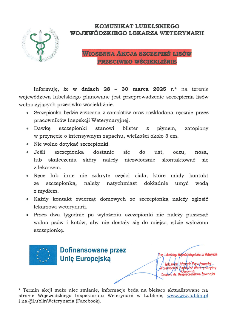 Komunikat Lekarza Weterynarii szczepienie lisów 28 30 marca 2025 rpng