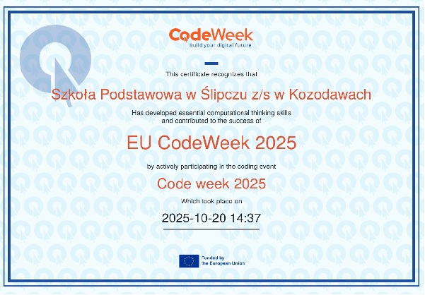 Grafika ilustrująca certyfikat code week 2025 dla szkoły