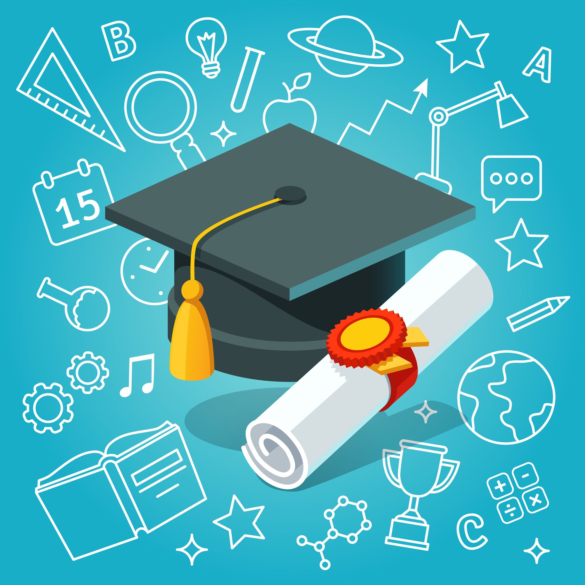 Grafika ilustrująca czapkę absolwenta oraz  list gratulacyjny