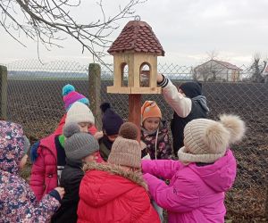 Dzieci sypią ziarno do karmnika