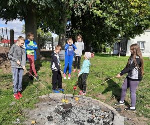 Uczniowie klasy czwartej pieką jabłka w ognisku
