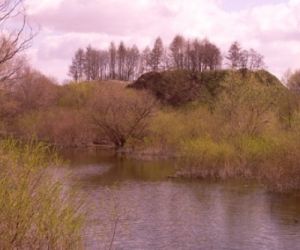 Rzeka, w tle ziemny kopiec, drzewa