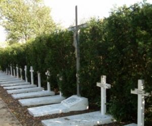 Białe nagrobki za nimi wysoki żywopłot, przy jednym grobie duży metalowy krzyż 