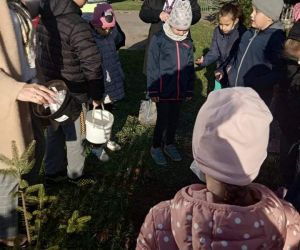 Wychowawczynie z uczniami planują miejsce posadzenia drzewa