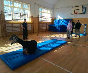 Uczniowie podczas zajęć sportowych w sali gimnastycznej