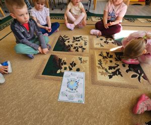 Dzieci siedzą w kręgu podczas zajęć edukacyjnych o tematyce przyrodniczej.