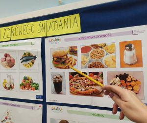 nauczyciel wskazuje niezdrowe produkty