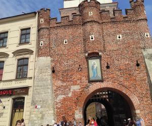 Uczniowie na tle Bramy Krakowskiej w Lublinie