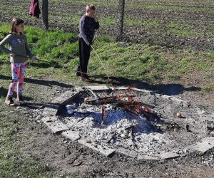 Dziewczynka i chłopiec stoją przy ognisku i pieką jabłka