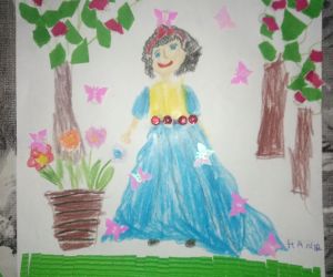 Rysunek dziecka, księżniczka w sadzie