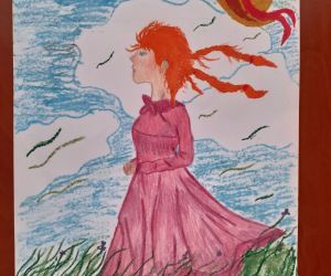 Rysunek dziecka, dziewczyna na łące