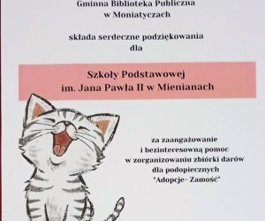 Podziękowanie dla szkoły za udział w zbiórce darów dla podopiecznych ''Adopcje Zamość''