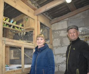 Na zdjęciu znajdują się dwie osoby: właściciel hodowli oraz kobieta - pracownik GOK-u. W tle klatka z papugami.