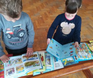 Chłopiec i dziewczynka oglądają książeczki 