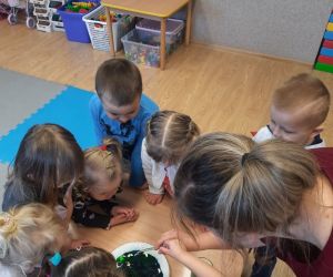 Przedszkolaki z nauczycielką dookoła stołu. Nauczycielka pokazuje dzieciom przebieg doświadczenia przyrodniczego.