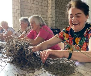 Kilka seniorek siedzi przy stole, przekładają gałązki zasuszonej lawendy, są bardzo zadowolone