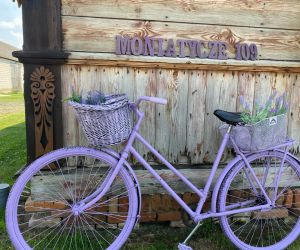 Fioletowy rower stoi opart y drewnianą chatę, nad nim jest fioletowy napis Moniatycze 109