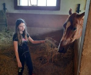 Dziewczynka w czarnym ubraniu karmi konia sianem