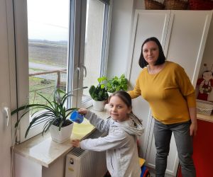 Dziewczynka z nauczycielka podlewa roślinę doniczkową