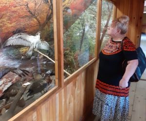 Zdjęcie przedstawia osobę wewnątrz muzeum.