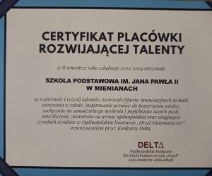 Certyfikat Placówki Rozwijającej Talenty
