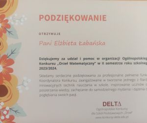 Podziękowanie dla Szkolnego Koordynatora konkursu