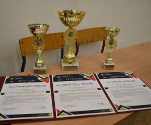 Na zdjęciu znajdują się trzy puchary oraz 3 dyplomy.